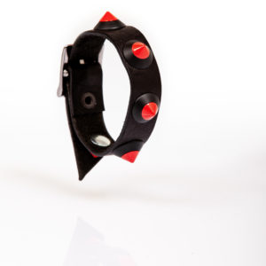 black leather bracelet with red studs