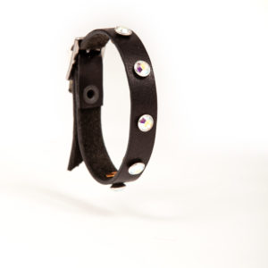 Black leather bracelet with white Swarovski studs